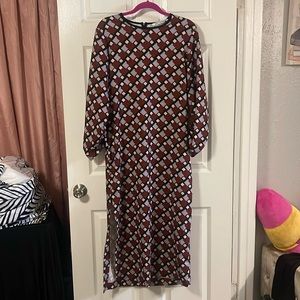 Zara patterned modest dress, long sleeve knee length dress